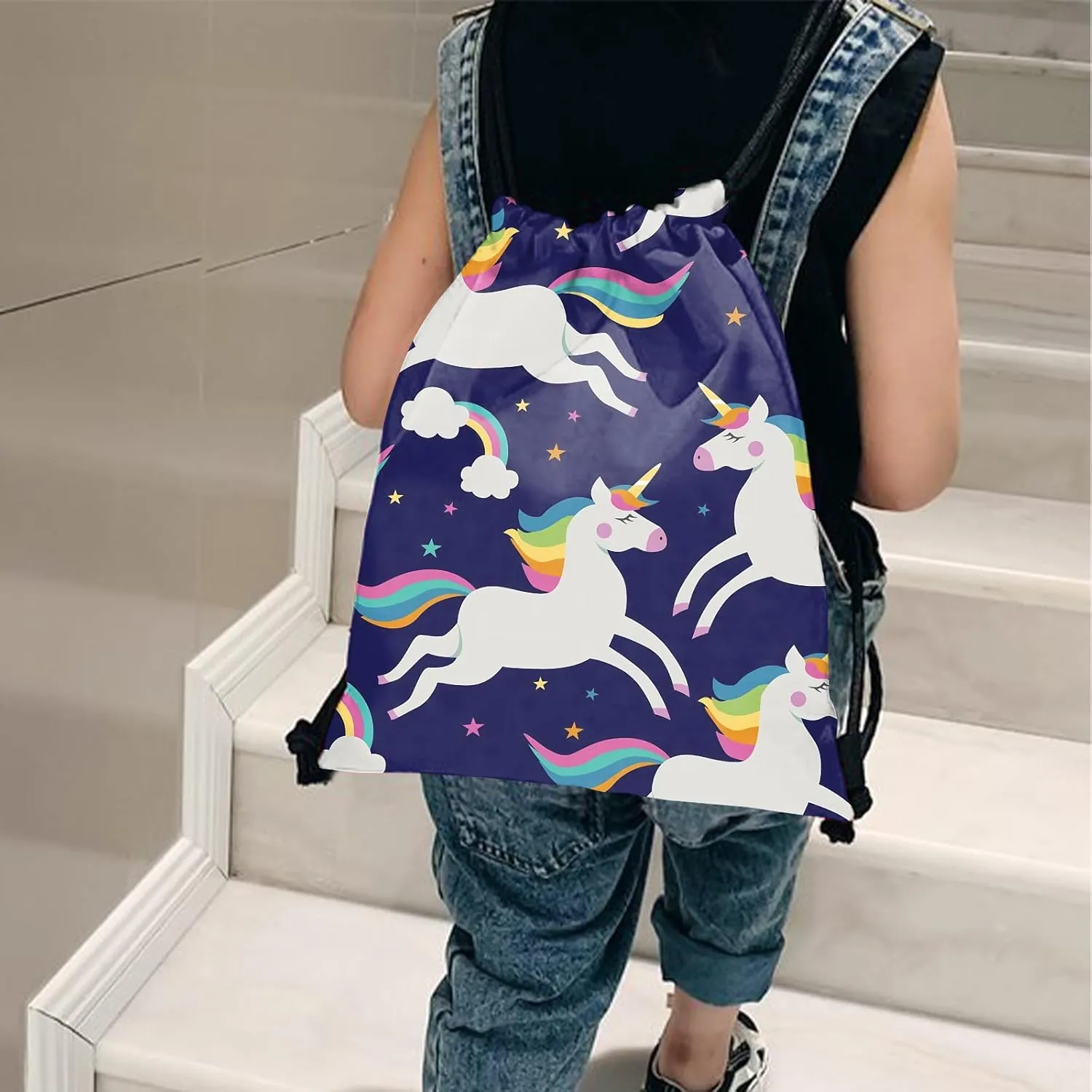 Drawstring Backpack for String Bag Waterproof Cute Sports Beach Swimming Travel (13"17")-Blue Unicorn