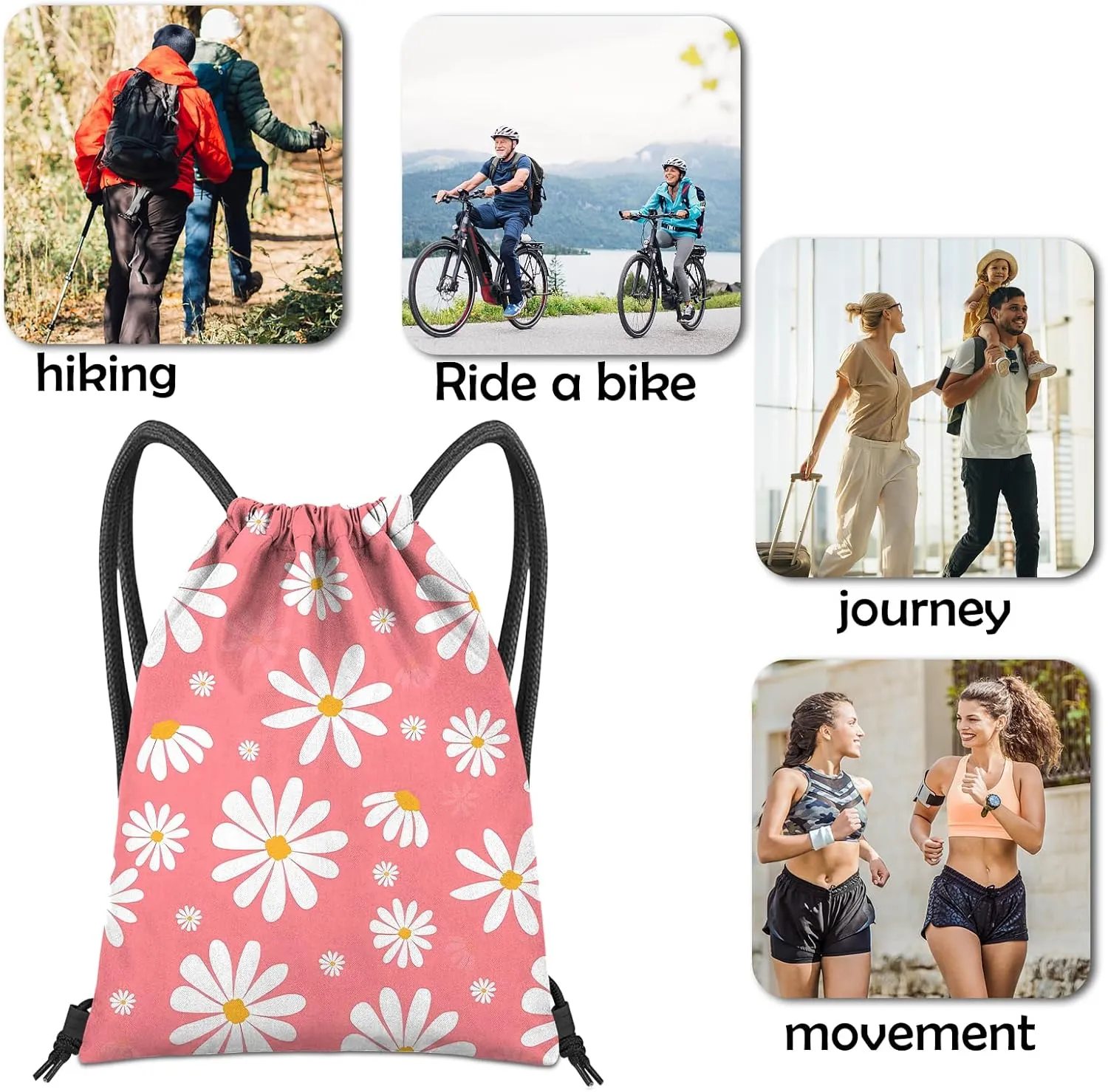 Drawstring Backpack for String Bag Waterproof Cute Sports Beach Swimming Travel (13"17")-Daisy