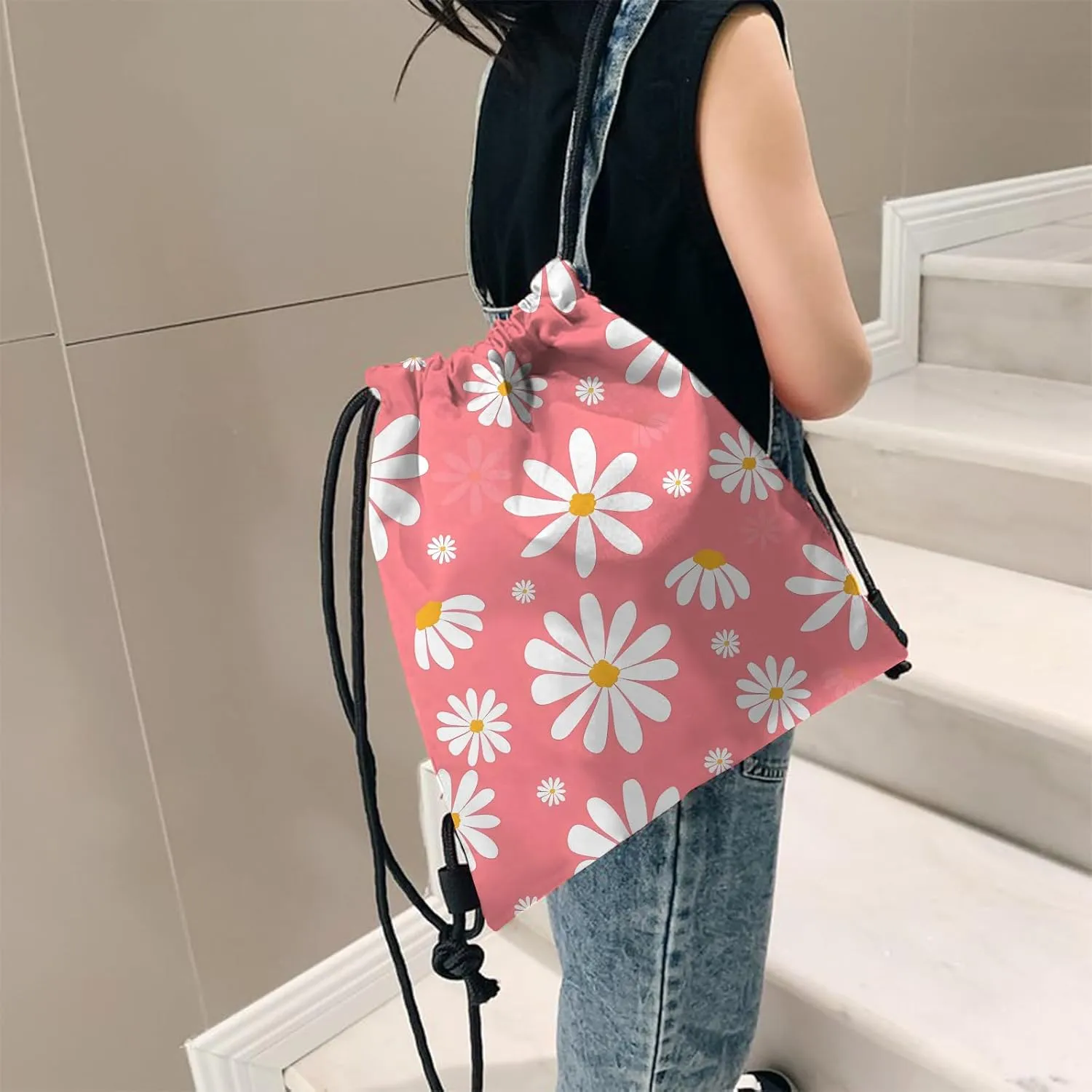 Drawstring Backpack for String Bag Waterproof Cute Sports Beach Swimming Travel (13"17")-Daisy
