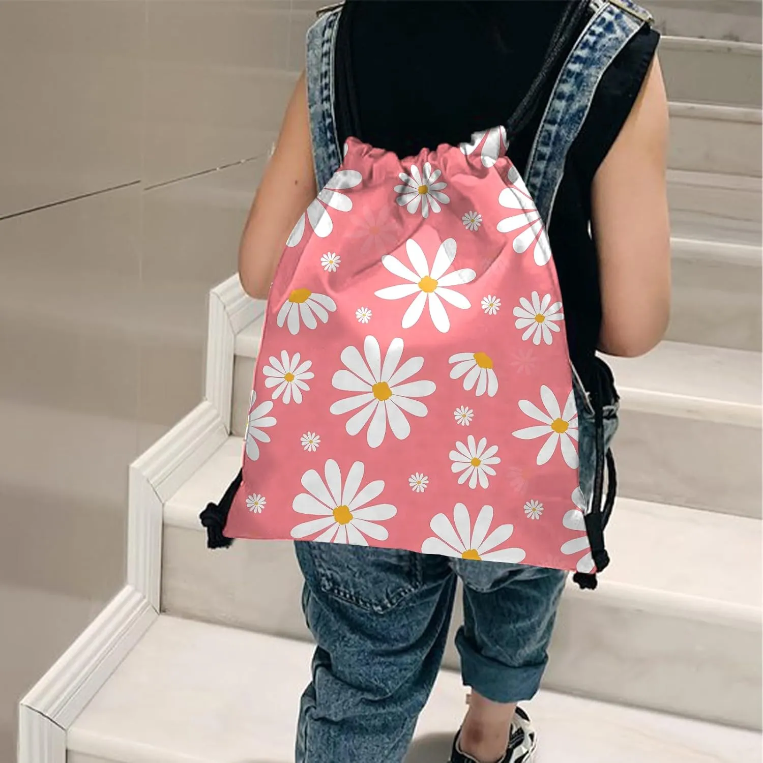 Drawstring Backpack for String Bag Waterproof Cute Sports Beach Swimming Travel (13"17")-Daisy