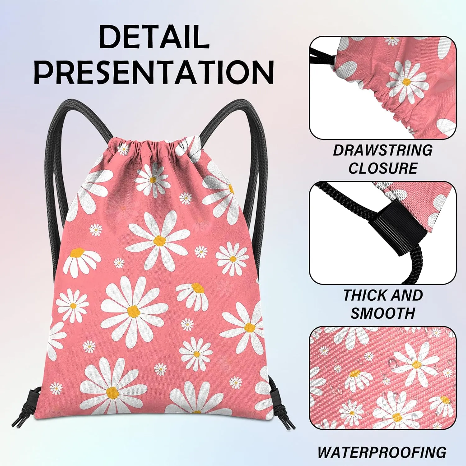 Drawstring Backpack for String Bag Waterproof Cute Sports Beach Swimming Travel (13"17")-Daisy