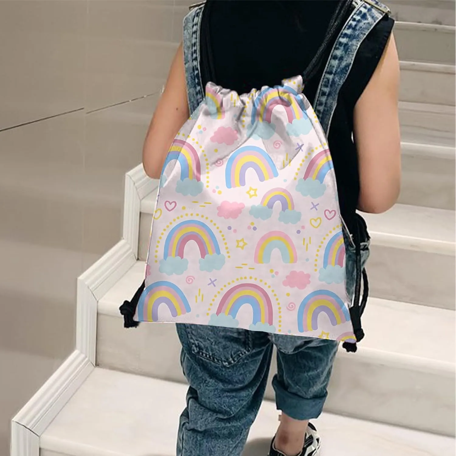 Drawstring Backpack for String Bag Waterproof Cute Sports Beach Swimming Travel (13"17")-Rainbow