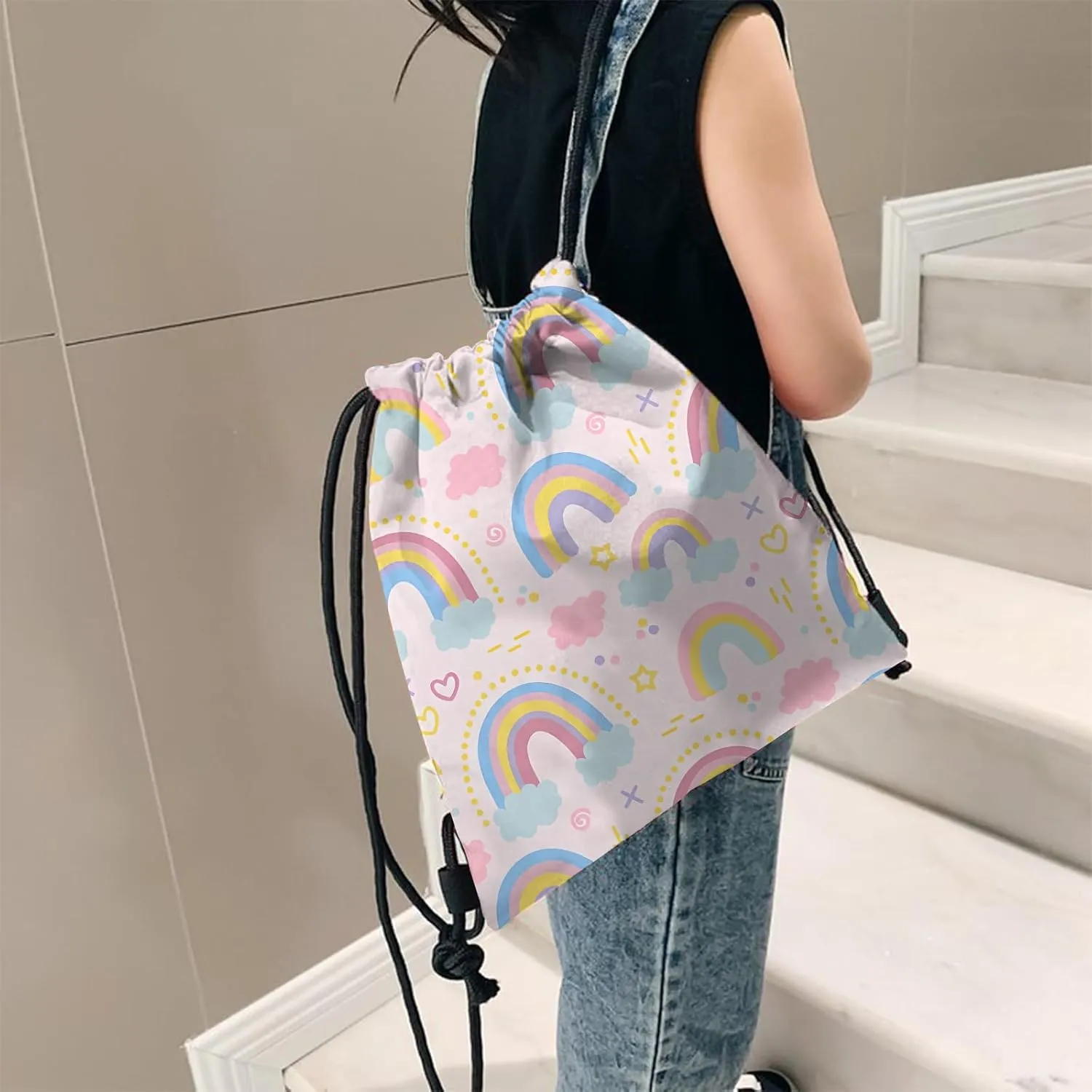Drawstring Backpack for String Bag Waterproof Cute Sports Beach Swimming Travel (13"17")-Rainbow