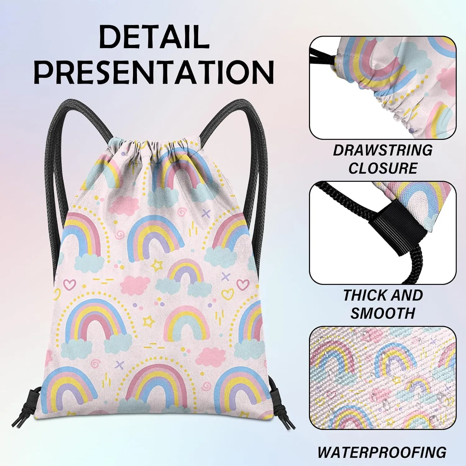 Drawstring Backpack for String Bag Waterproof Cute Sports Beach Swimming Travel (13"17")-Rainbow