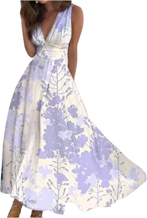 Dresses for Women 2024 Sleeveless Floral Print Maxi Dress Flowy Ruched Wrap V Neck Sundresses Spring Boho Dress