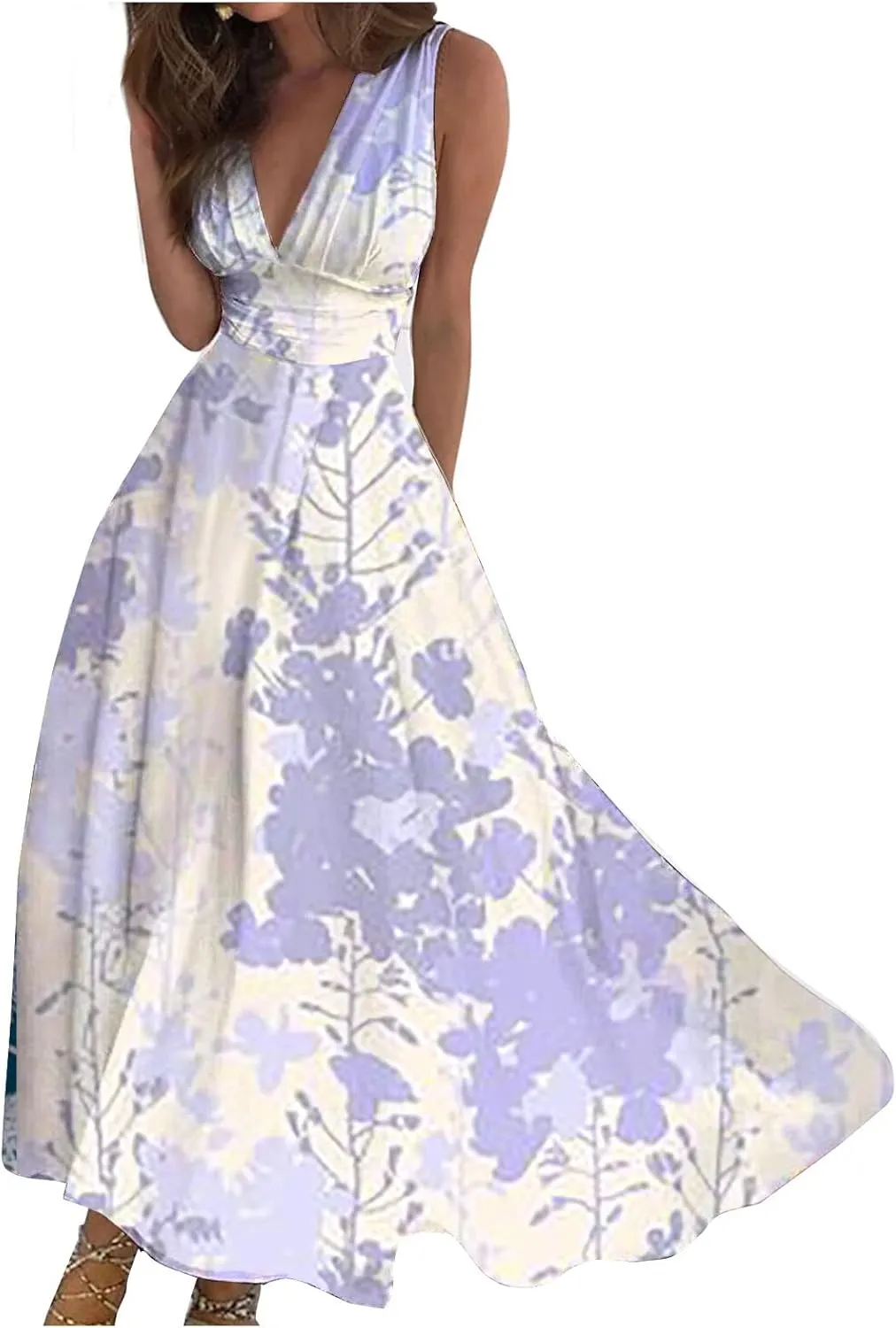 Dresses for Women 2024 Sleeveless Floral Print Maxi Dress Flowy Ruched Wrap V Neck Sundresses Spring Boho Dress