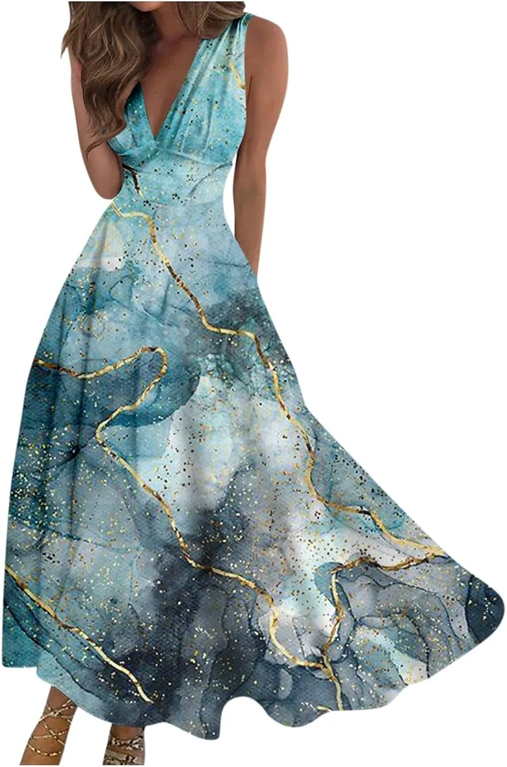 Dresses for Women 2024 Sleeveless Wrap V Neck Beach Dresses Flowy Ruched Floral Print Maxi Dress Flowy Boho Dress