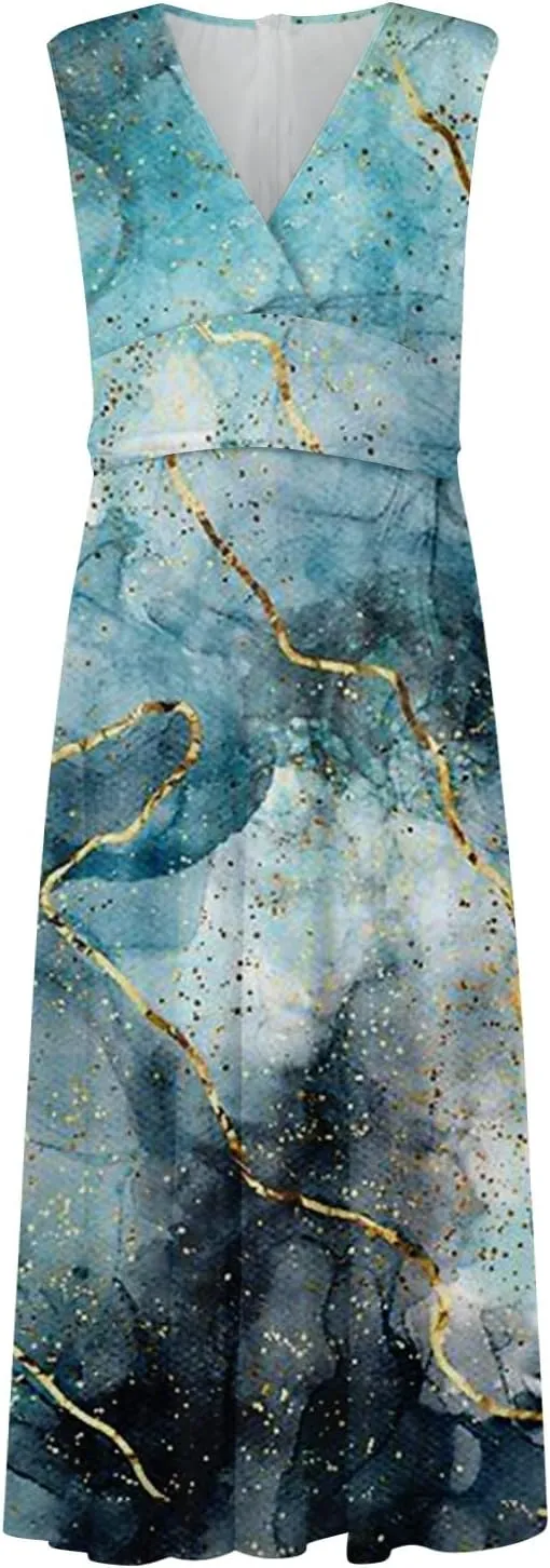 Dresses for Women 2024 Sleeveless Wrap V Neck Beach Dresses Flowy Ruched Floral Print Maxi Dress Flowy Boho Dress