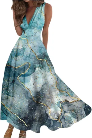 Dresses for Women 2024 Sleeveless Wrap V Neck Beach Dresses Flowy Ruched Floral Print Maxi Dress Flowy Boho Dress