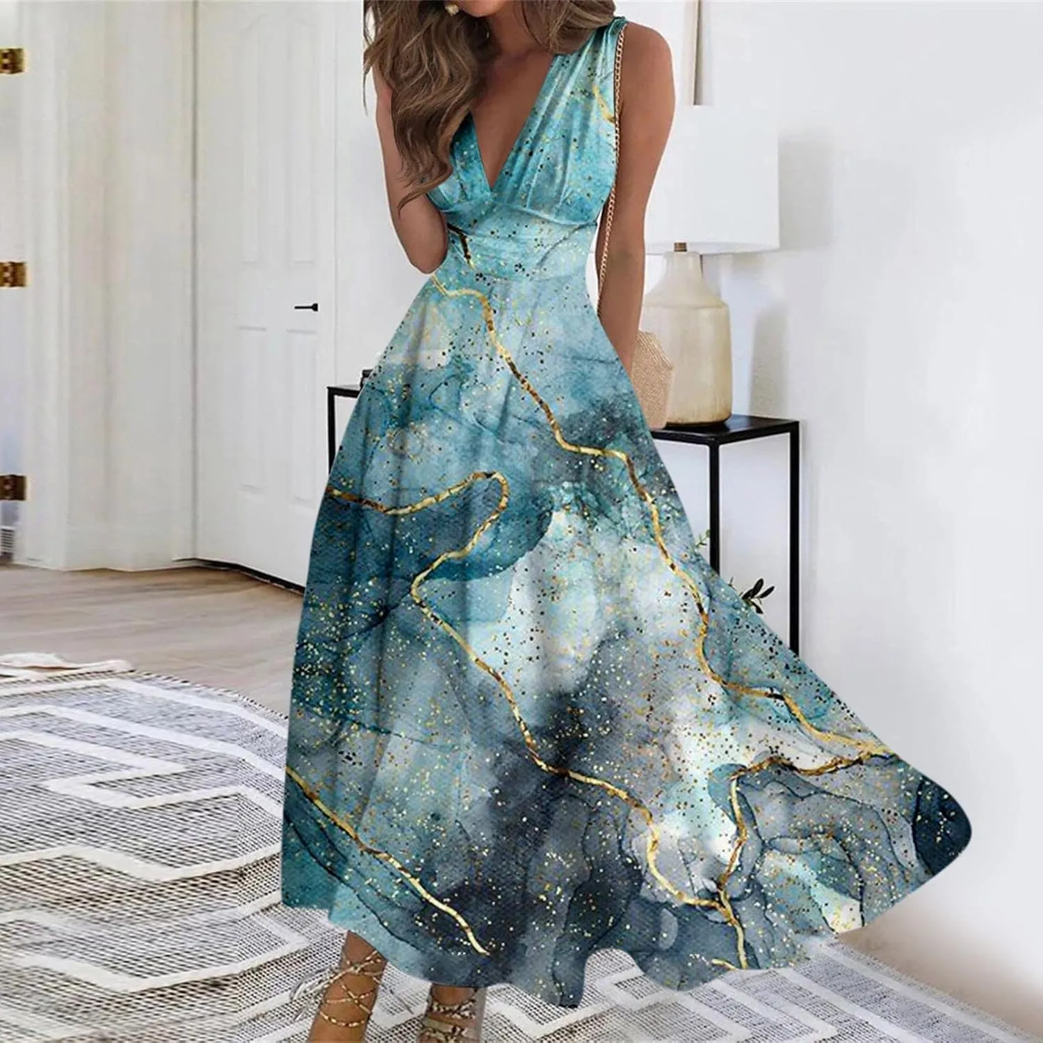 Dresses for Women 2024 Sleeveless Wrap V Neck Beach Dresses Flowy Ruched Floral Print Maxi Dress Flowy Boho Dress