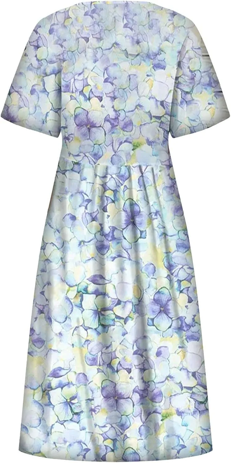 Dresses for Women 2025 Casual Summer Trendy Floral Dress Maxi Classy Sundresses Vacation Short Sleeve Sundress A Line
