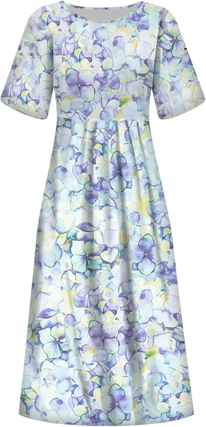 Dresses for Women 2025 Casual Summer Trendy Floral Dress Maxi Classy Sundresses Vacation Short Sleeve Sundress A Line