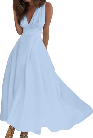 Dresses for Women 2025 Flowy Ruched Sleeveless Beach Dresses Wrap V Neck Floral Printed Maxi Dress Boho Sundresses