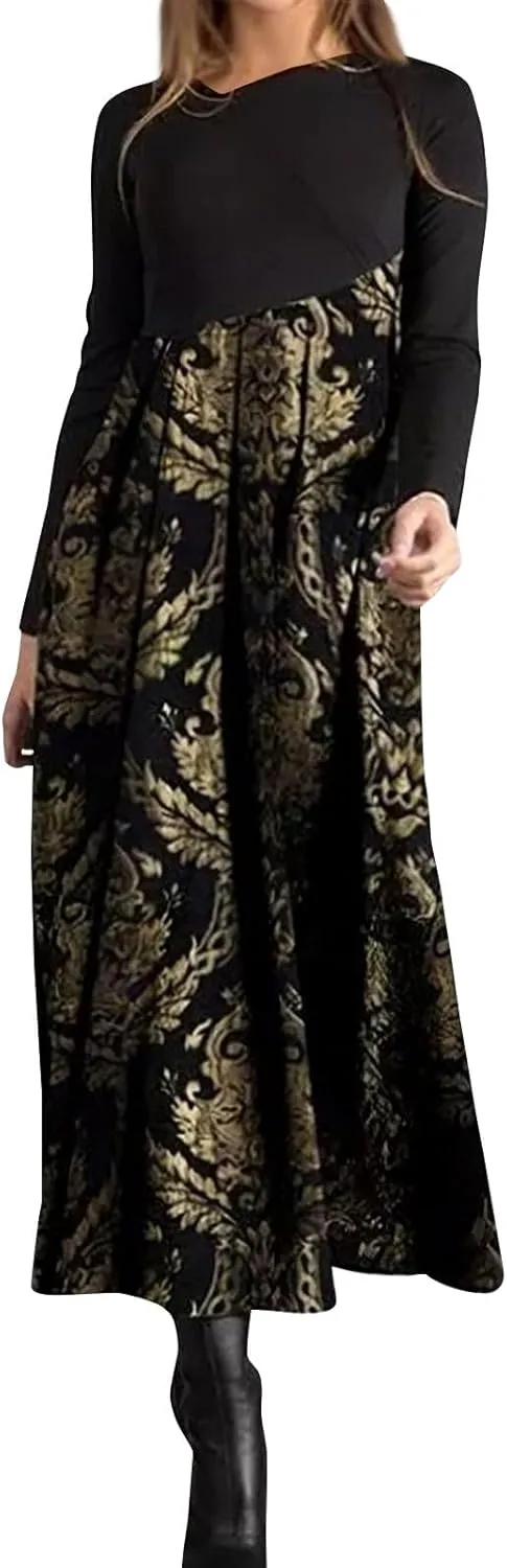 Dresses for Women 2025 Spring Midi V Neck Long Sleeve Work Boho Cute Modest Holiday Loose Dress