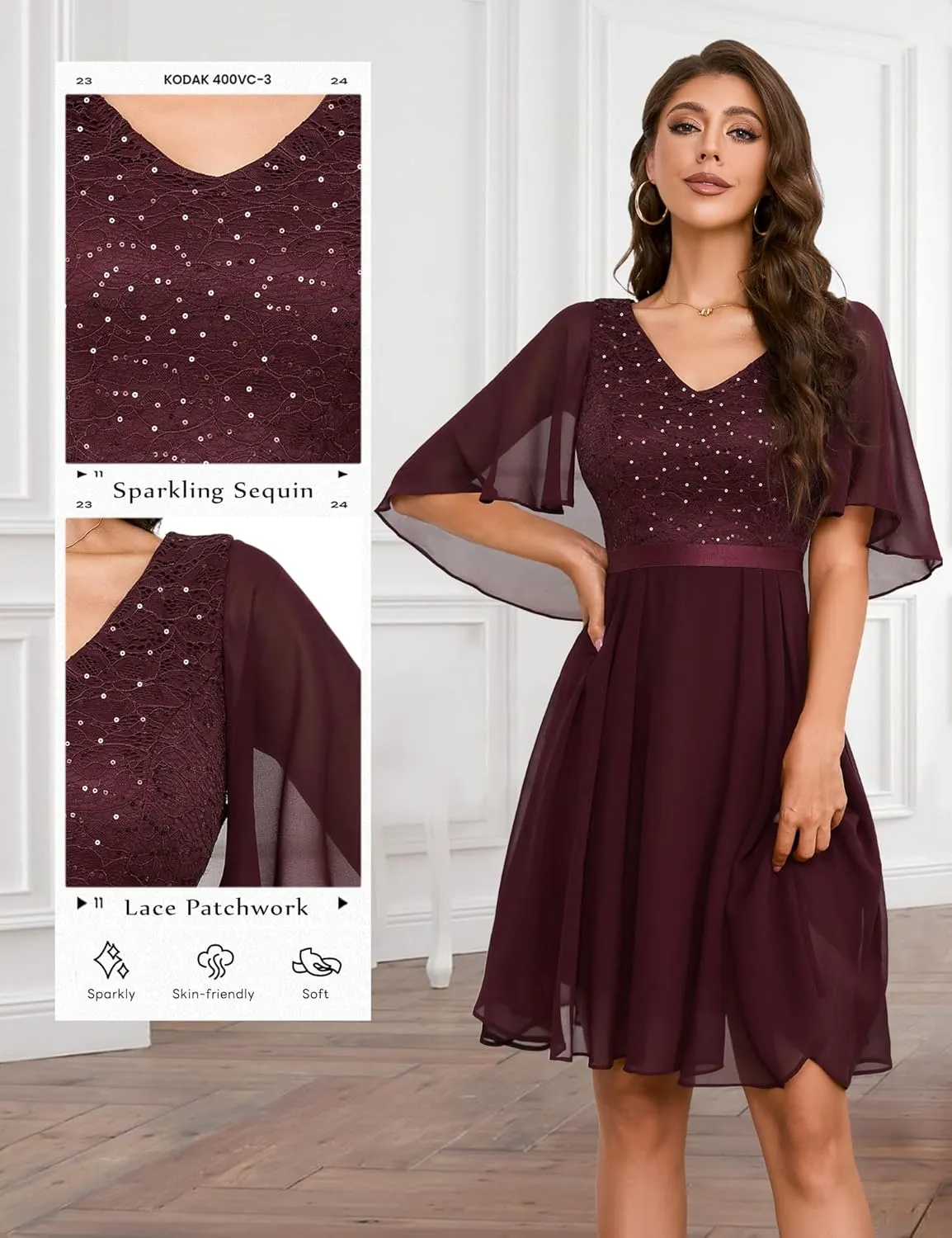 Dressystar Sequin Women Dresses Knee Length Dress Mother of The Bride Wedding Guest V-Neck Evening Formal Cocktail Gowns