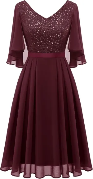 Dressystar Sequin Women Dresses Knee Length Dress Mother of The Bride Wedding Guest V-Neck Evening Formal Cocktail Gowns