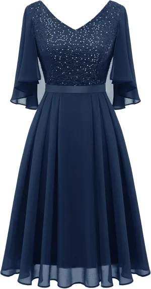 Dressystar Sequin Women Dresses Knee Length Dress Mother of The Bride Wedding Guest V-Neck Evening Formal Cocktail Gowns