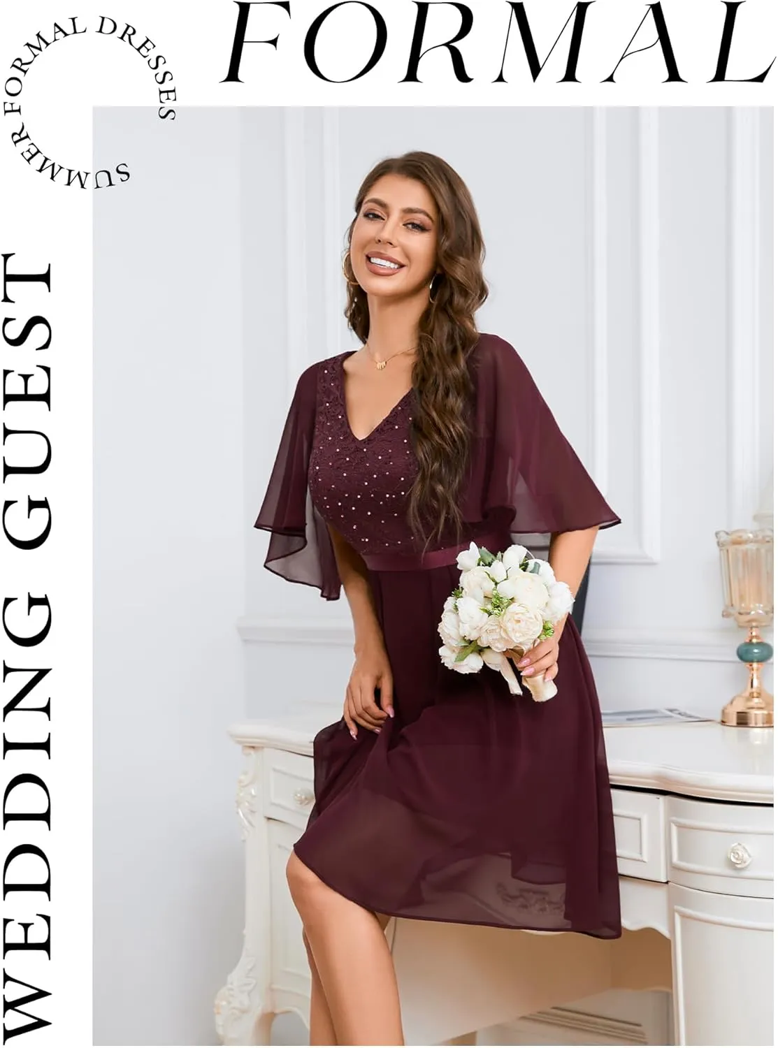 Dressystar Sequin Women Dresses Knee Length Dress Mother of The Bride Wedding Guest V-Neck Evening Formal Cocktail Gowns