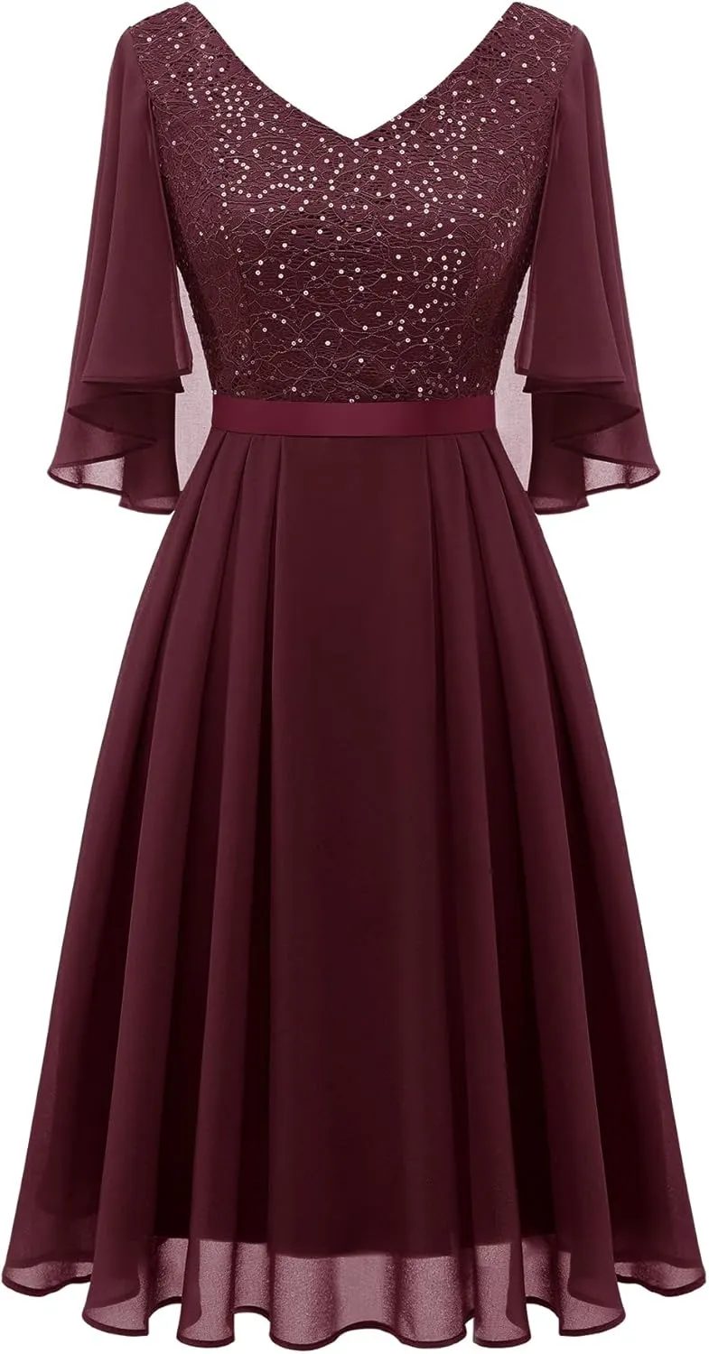 Dressystar Sequin Women Dresses Knee Length Dress Mother of The Bride Wedding Guest V-Neck Evening Formal Cocktail Gowns