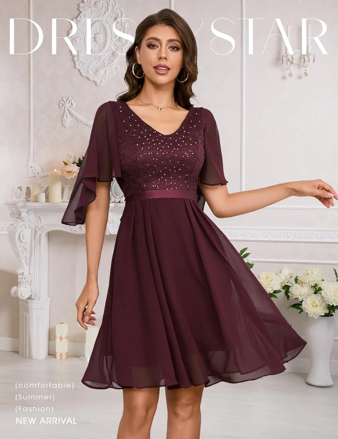 Dressystar Sequin Women Dresses Knee Length Dress Mother of The Bride Wedding Guest V-Neck Evening Formal Cocktail Gowns