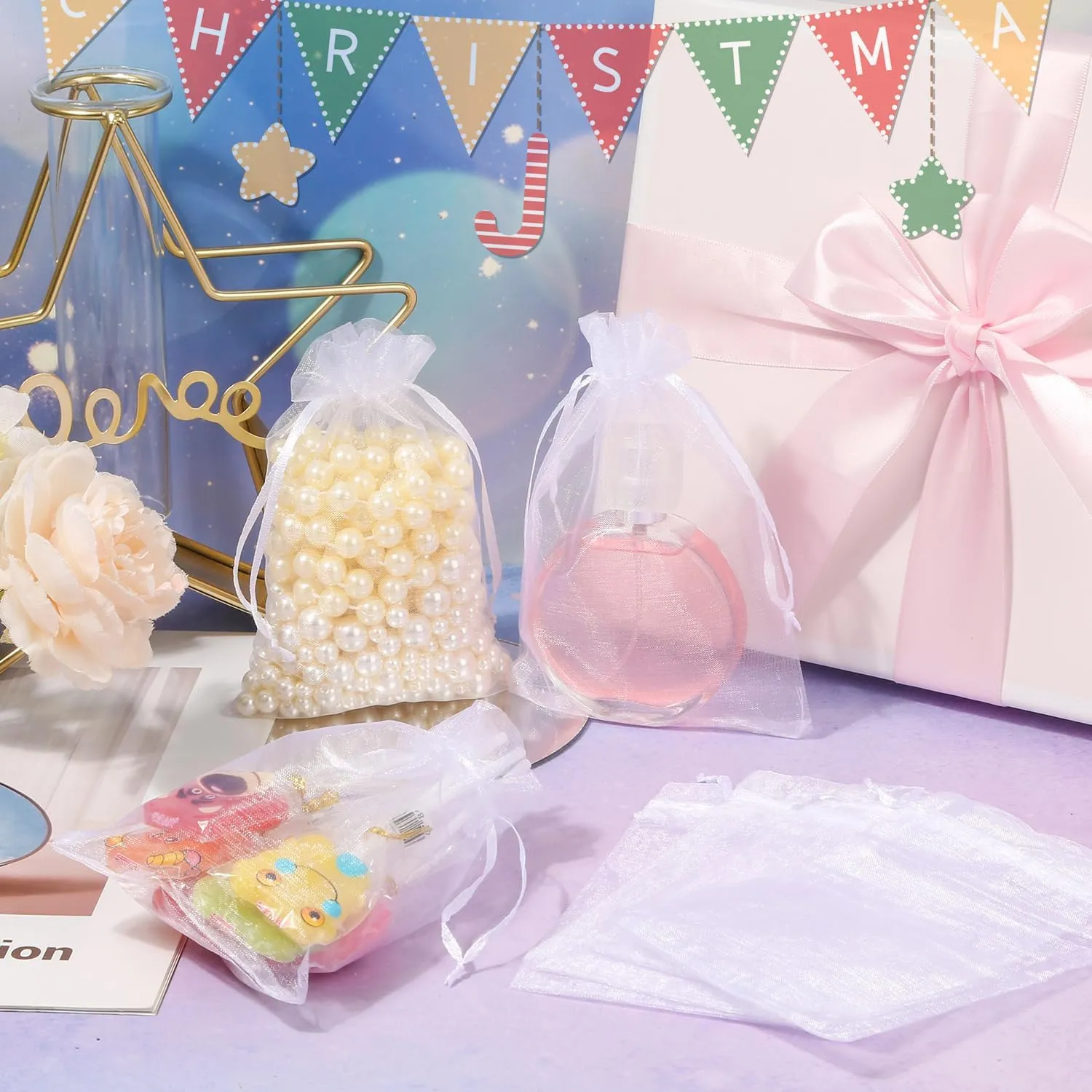 ENNIYU 100PCS Premium Sheer Organza Bags, White Wedding Favor Bags with Drawstring, 4x6 inches Jewelry Gift Pouch for Party, Jewelry, Festival, Makeup Favor, Mesh gift bags, Drawstring goody bags