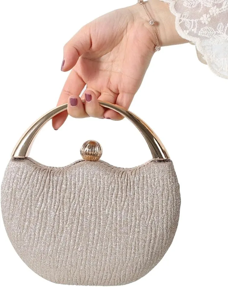Evening Clutch Bag for Women Pleated Round Hard Shell Handbag Lady Party Wedding Clutch Purse Formal Designer