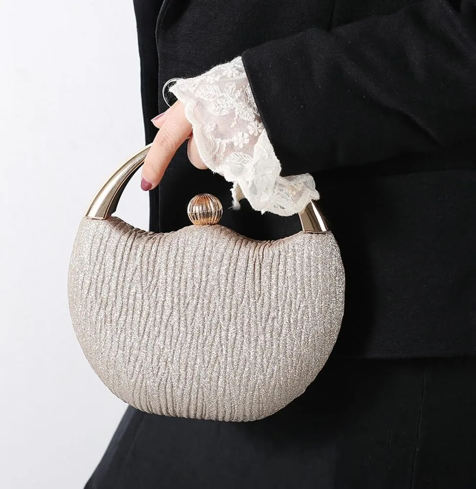 Evening Clutch Bag for Women Pleated Round Hard Shell Handbag Lady Party Wedding Clutch Purse Formal Designer
