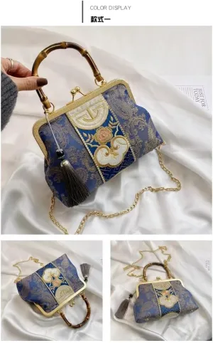 Evening Clutch or Party Purse, Crane-Embroidered Jacquard Tote, Ideal for Weddings, Formal Events, and Dances