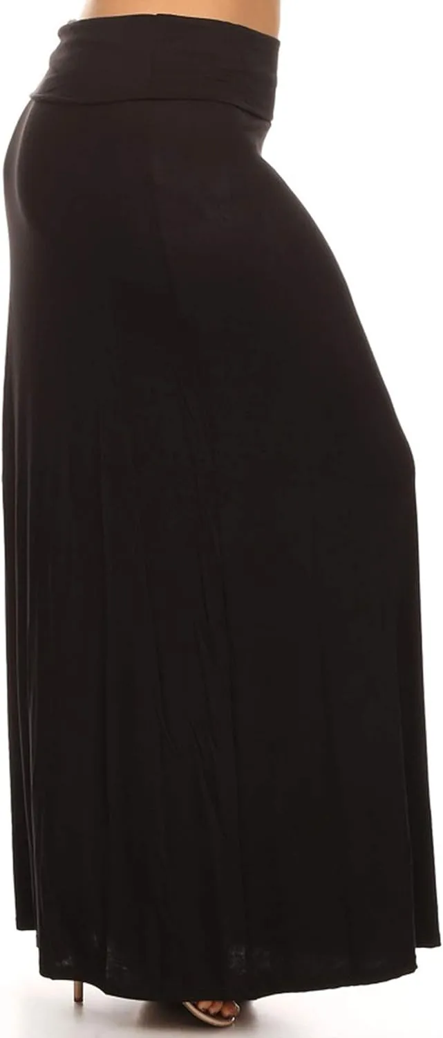 FashionStream Women's Plus Size High Waist Foldable Elastic Band Relaxed Fit Solid Maxi Skirt