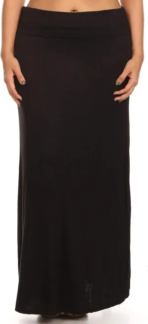 FashionStream Women's Plus Size High Waist Foldable Elastic Band Relaxed Fit Solid Maxi Skirt