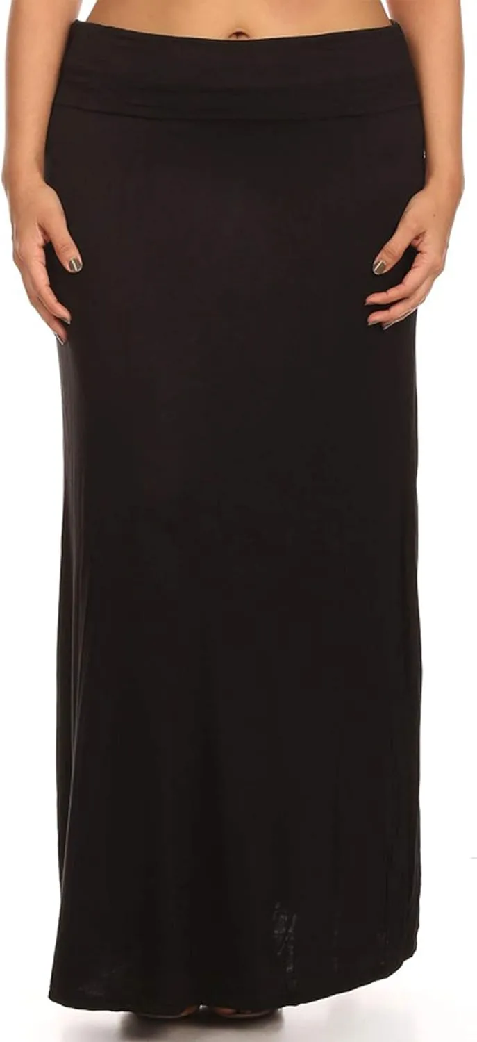 FashionStream Women's Plus Size High Waist Foldable Elastic Band Relaxed Fit Solid Maxi Skirt