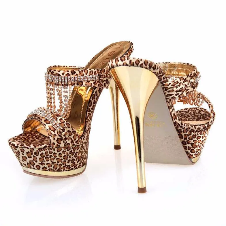 Female High Heels Flip Flops With Leopard Pattern