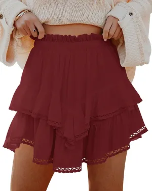 firfig Women's Casual Mini Skirts Shorts Elastic High Waist Cute Flowy Tiered Layered Boho Skorts S-XXL