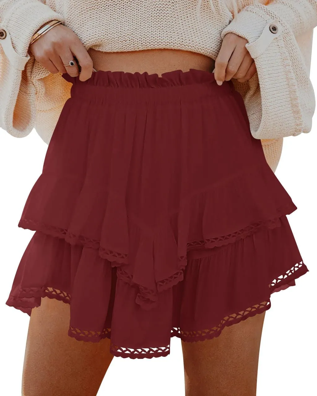 firfig Women's Casual Mini Skirts Shorts Elastic High Waist Cute Flowy Tiered Layered Boho Skorts S-XXL