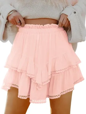 firfig Women's Casual Mini Skirts Shorts Elastic High Waist Cute Flowy Tiered Layered Boho Skorts S-XXL