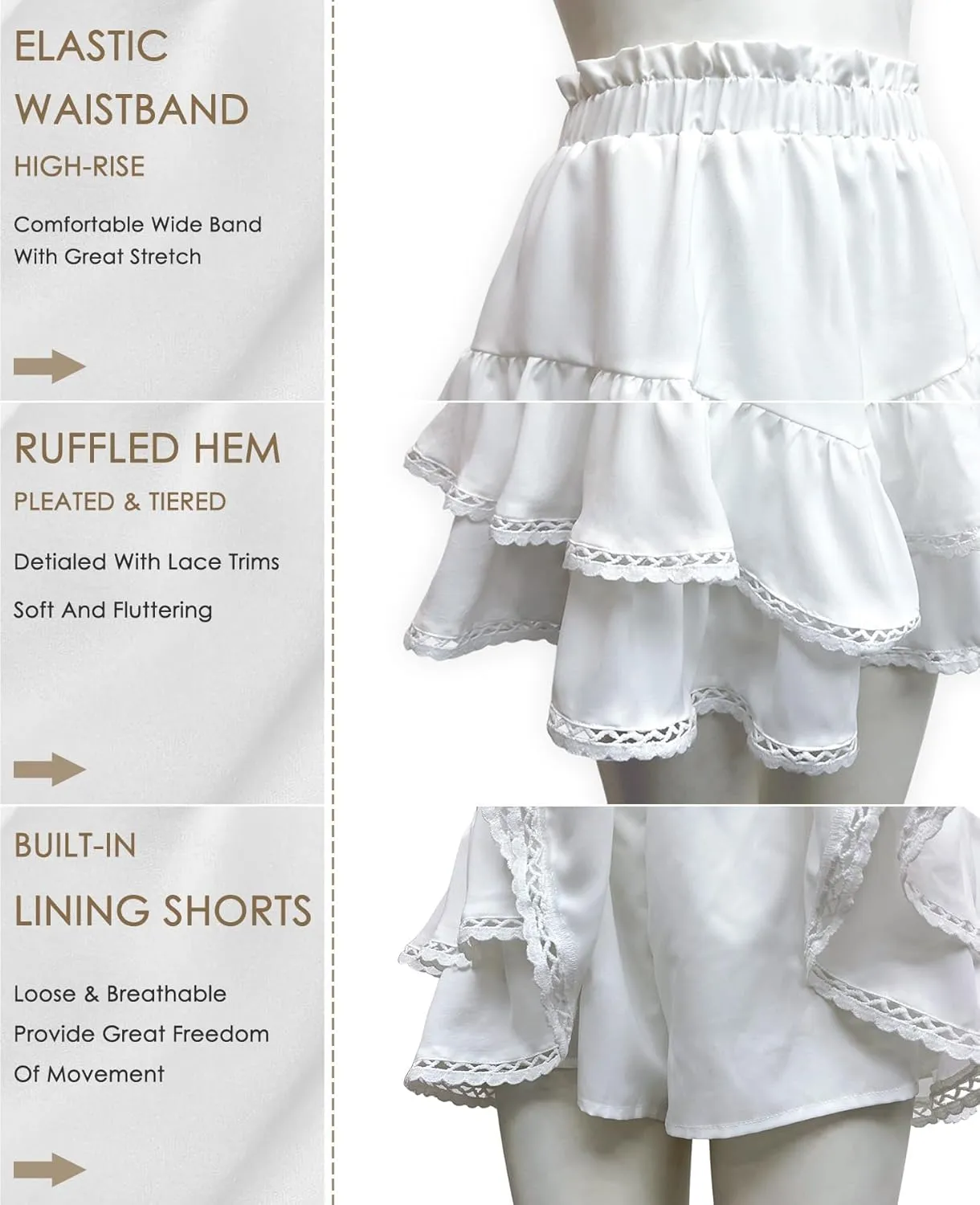 firfig Women's Casual Mini Skirts Shorts Elastic High Waist Cute Flowy Tiered Layered Boho Skorts S-XXL