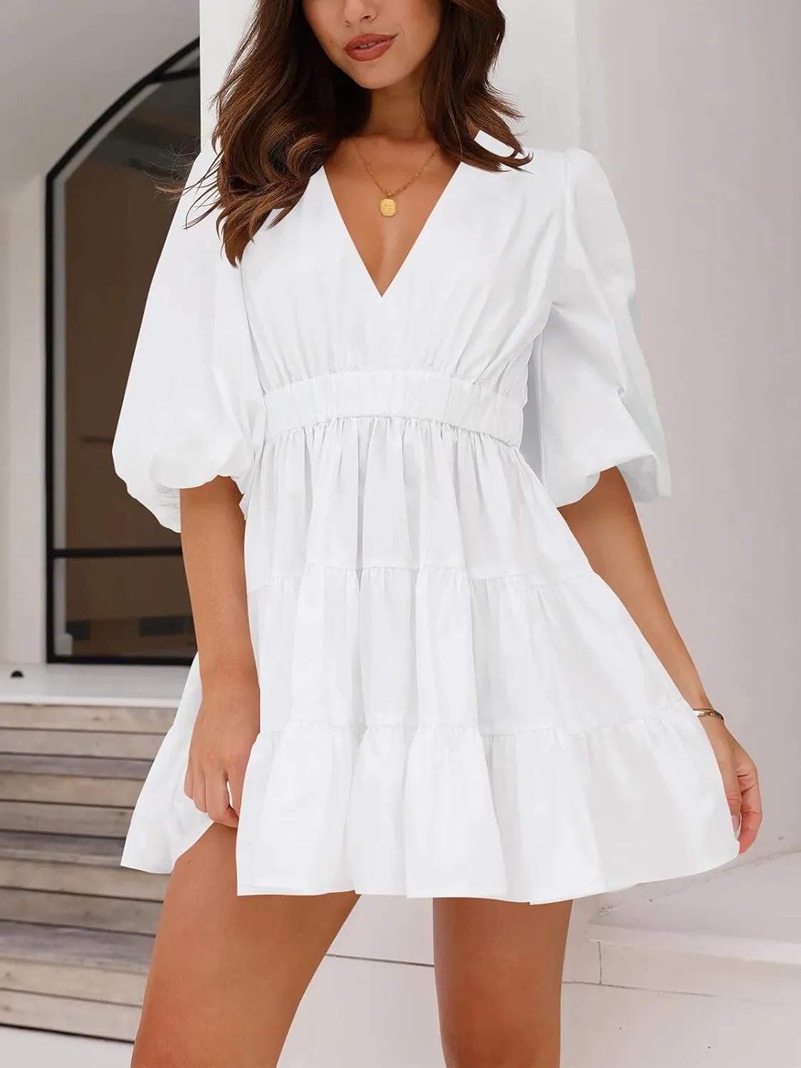 firfig Women's Casual Summer Dresses V Neck Half Sleeve Elastic Waist Flowy Tiered Short Mini Dress S-XXL