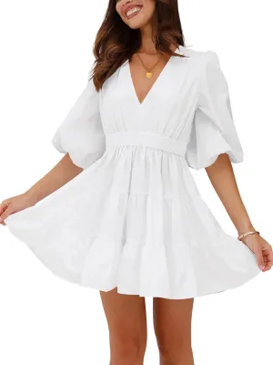 firfig Women's Casual Summer Dresses V Neck Half Sleeve Elastic Waist Flowy Tiered Short Mini Dress S-XXL