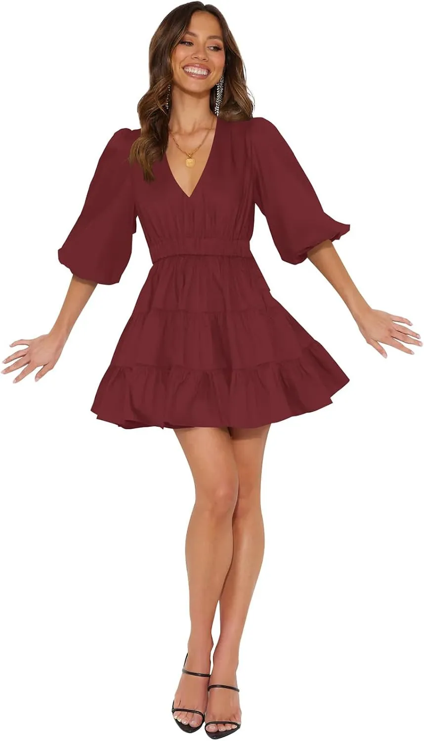 firfig Women's Casual Summer Dresses V Neck Half Sleeve Elastic Waist Flowy Tiered Short Mini Dress S-XXL