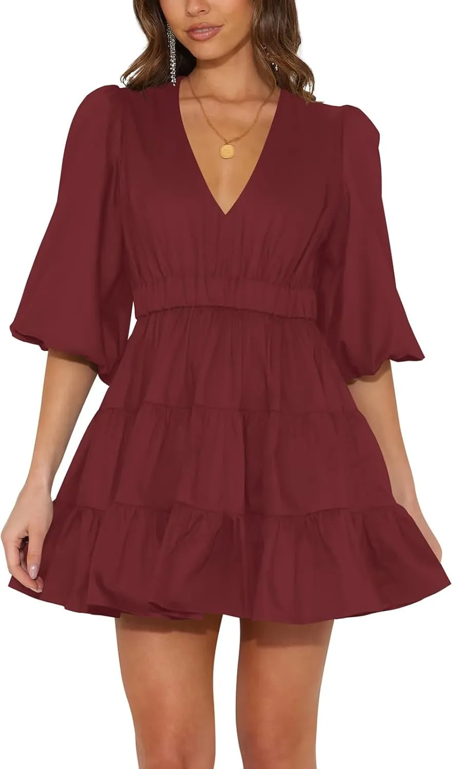 firfig Women's Casual Summer Dresses V Neck Half Sleeve Elastic Waist Flowy Tiered Short Mini Dress S-XXL