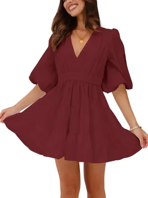 firfig Women's Casual Summer Dresses V Neck Half Sleeve Elastic Waist Flowy Tiered Short Mini Dress S-XXL