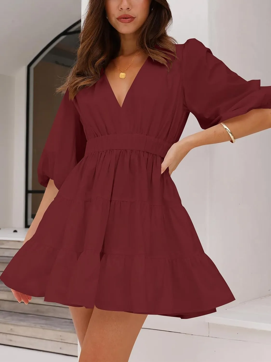 firfig Women's Casual Summer Dresses V Neck Half Sleeve Elastic Waist Flowy Tiered Short Mini Dress S-XXL