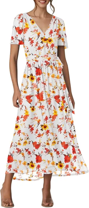 Floral Dress for Women,Flowy Wrap Chiffon Boho Beach Vacation Maxi Summer Dresses Short Sleeve Midi Sundresses