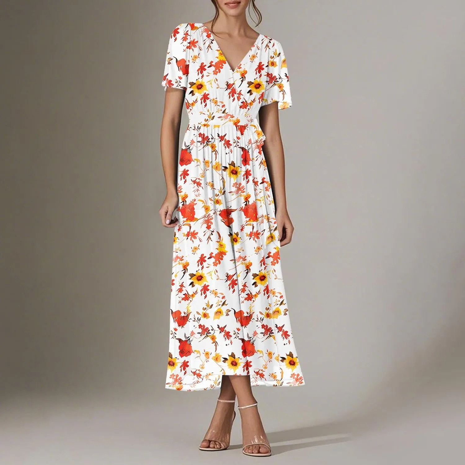 Floral Dress for Women,Flowy Wrap Chiffon Boho Beach Vacation Maxi Summer Dresses Short Sleeve Midi Sundresses