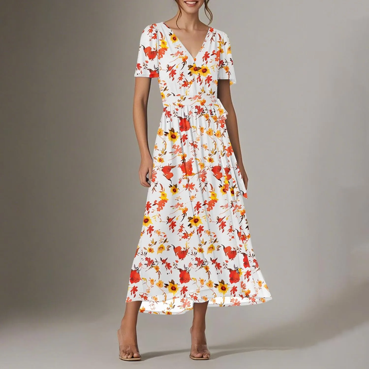 Floral Dress for Women,Flowy Wrap Chiffon Boho Beach Vacation Maxi Summer Dresses Short Sleeve Midi Sundresses