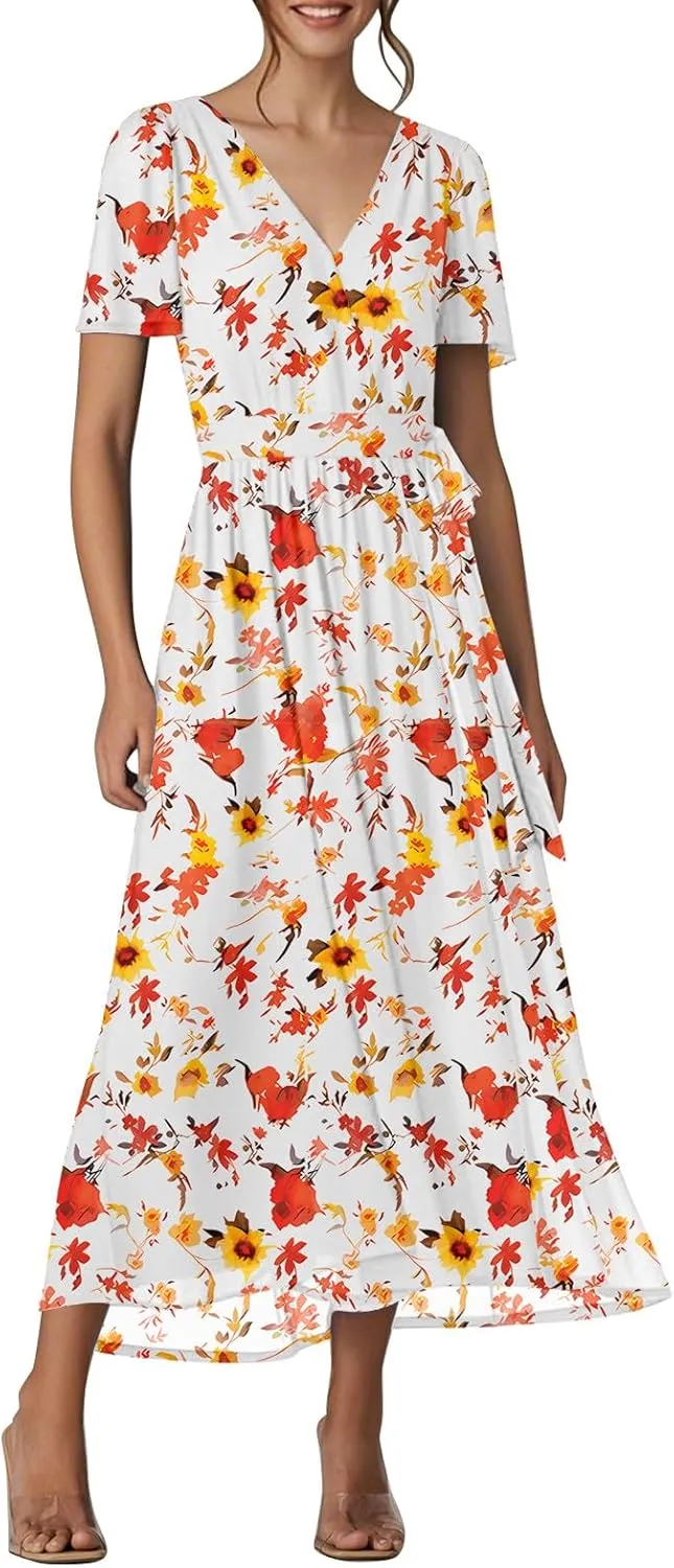 Floral Dress for Women,Flowy Wrap Chiffon Boho Beach Vacation Maxi Summer Dresses Short Sleeve Midi Sundresses