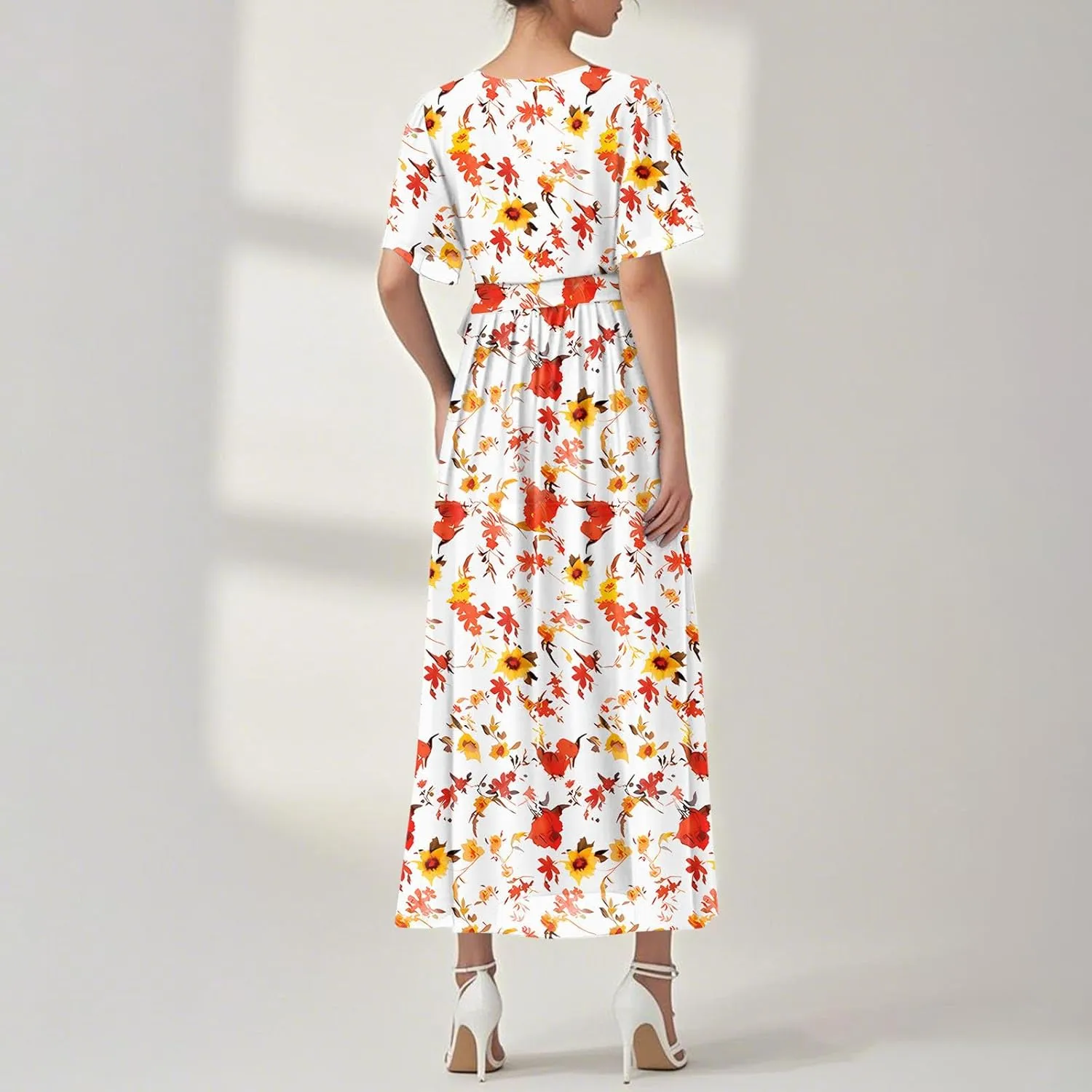 Floral Dress for Women,Flowy Wrap Chiffon Boho Beach Vacation Maxi Summer Dresses Short Sleeve Midi Sundresses