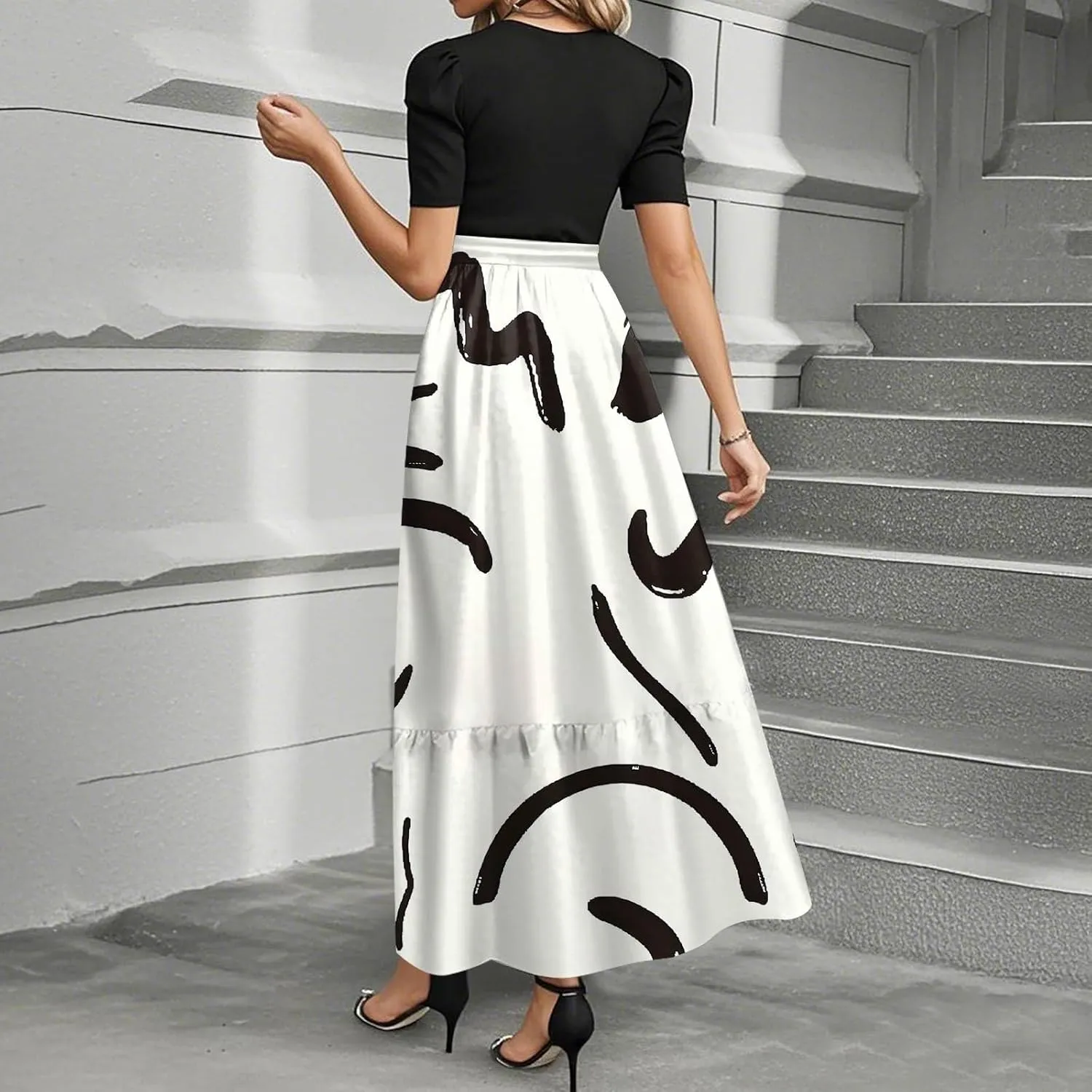 Floral Long Dresses for Women Summer Elegant Tie Patchwork Dress Empire Waist Short Sleeve Modest Flowy Maxi Dress