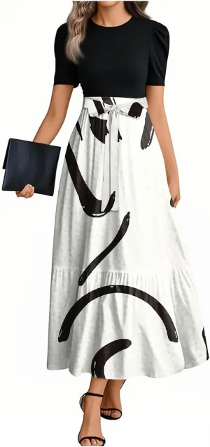 Floral Long Dresses for Women Summer Elegant Tie Patchwork Dress Empire Waist Short Sleeve Modest Flowy Maxi Dress