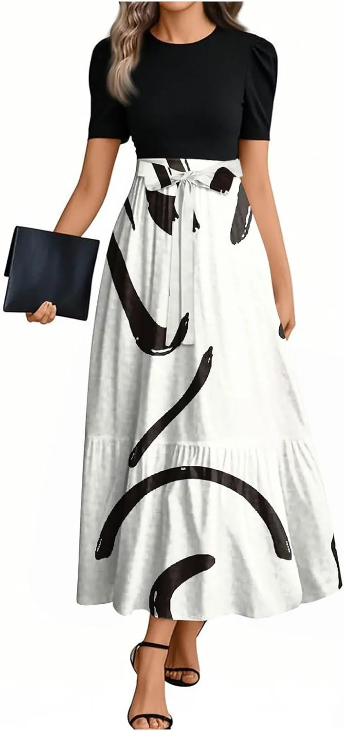 Floral Long Dresses for Women Summer Elegant Tie Patchwork Dress Empire Waist Short Sleeve Modest Flowy Maxi Dress